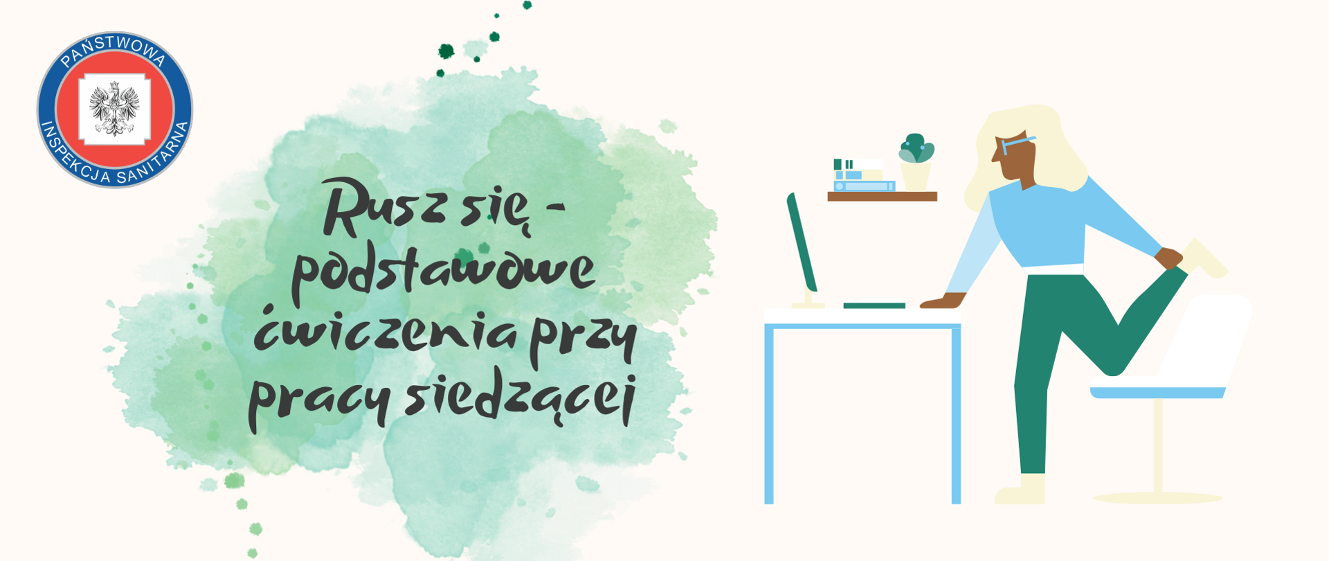 Grafika przedstawia pracownika biurowego, który wykonuje drobne ćwiczenia w przerwie od pracy