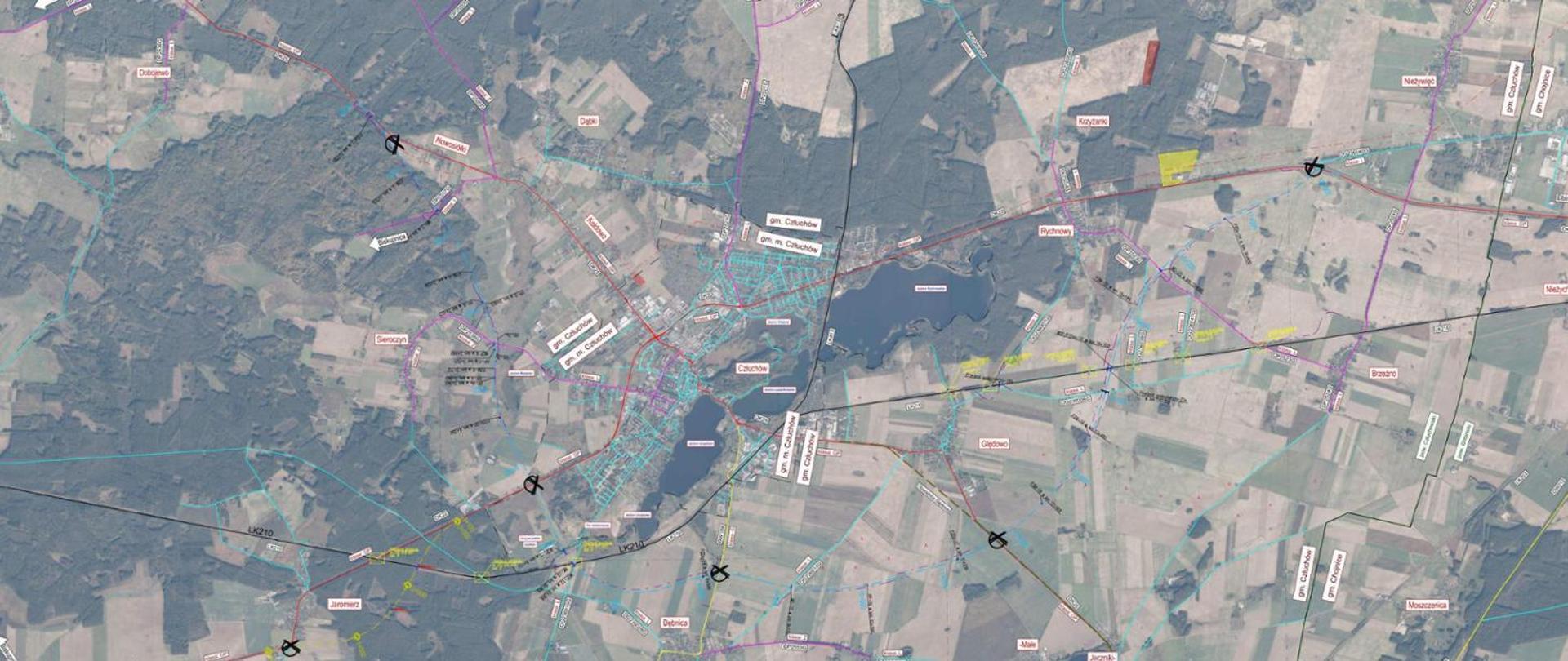 Mapa z wariantami przebiegu obwodnicy Człuchowa w ciągu DK22