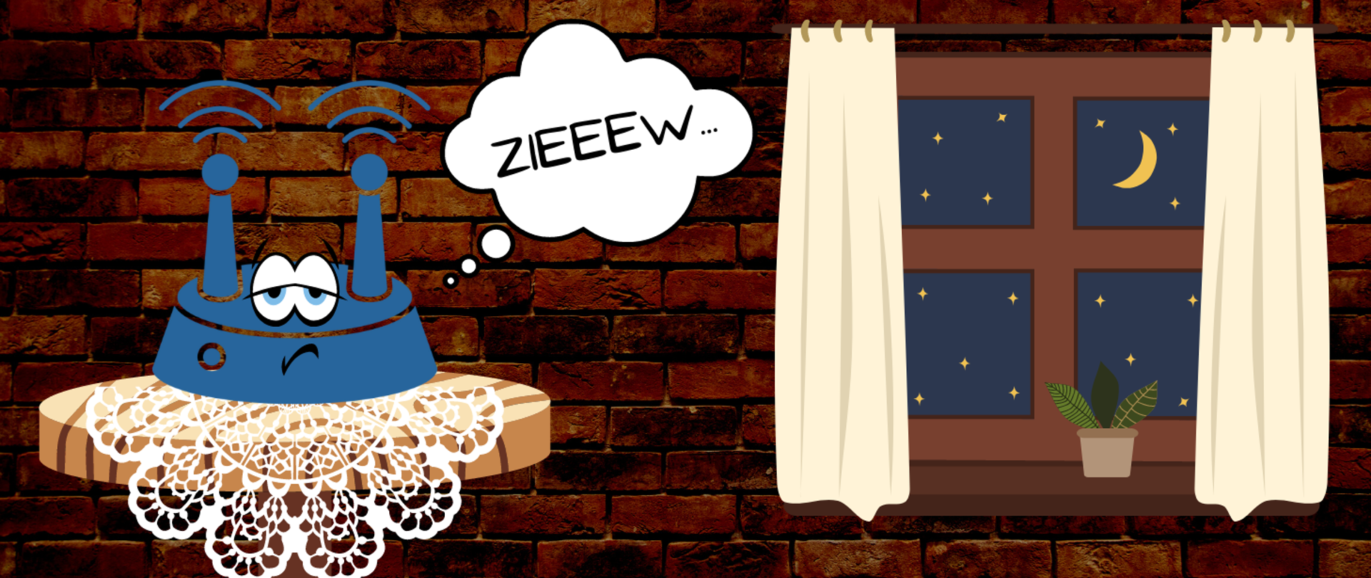 Ilustracja przedstawia wnętrze mieszkania. Widoczne okno, a za nim księżycowa noc. Na drewnianym stoliku przykrytym koronkową serwetą stoi bardzo senny router WiFi.