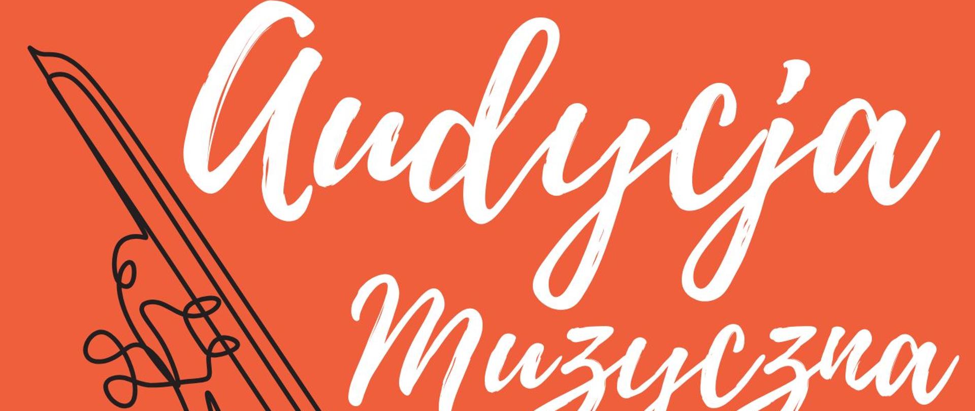 Na pomarańczowym tle wzdłuż lewej strony rysunek czarny kontury wiolonczeli. Wzdłuż prawej strony plakatu napis w kolorze białym "Audycja muzyczna uczniowie Pani Anny Furkałowskiej 23 maj 2023 godzina 16:30 sala kameralna".