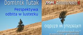 Plakat informujący o wystawie fotograficznej Dominika Tutaka. Tłem plakatu jest zdjęcie na którym stoi drzewo na suchej łące. I na tle niebieskiego nieba. Na górze plakatu jest po lewej stronie jest napisane: są informacje o autorze i tytule wystawy, po prawej stronie na tle odwróconego zdjęcia jest logo studium oraz gdzie ta wystawa będzie miała miejsce. 