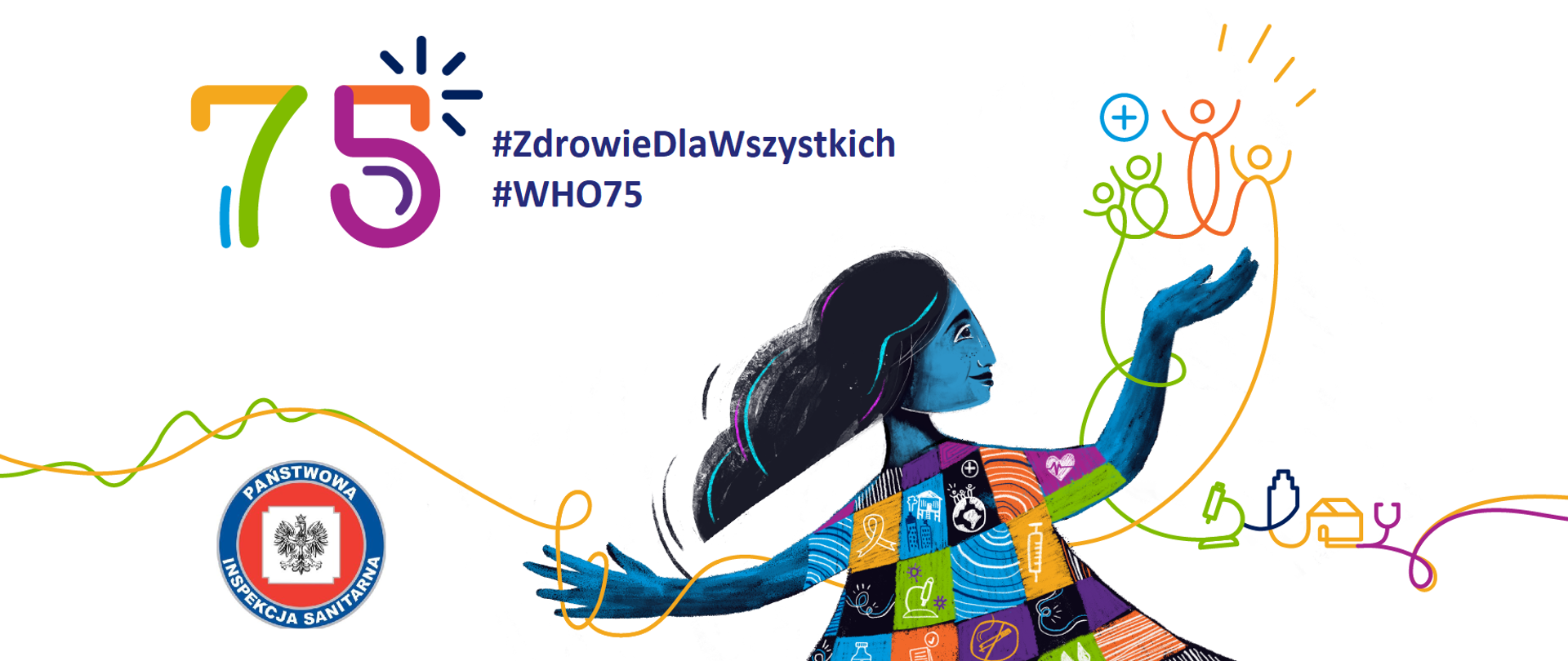 Grafika, dziewczynka z uniesiona ręką. Napis 75 #zdrowedlawszystkich