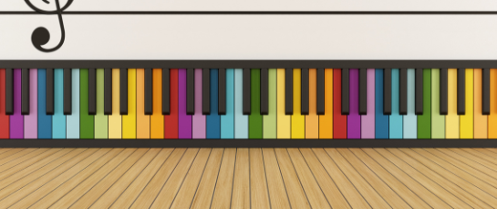 Obrazek przedstawia kolorowe klawisze fortepianu, a nad nimi pięciolinia z kluczem wiolinowym.