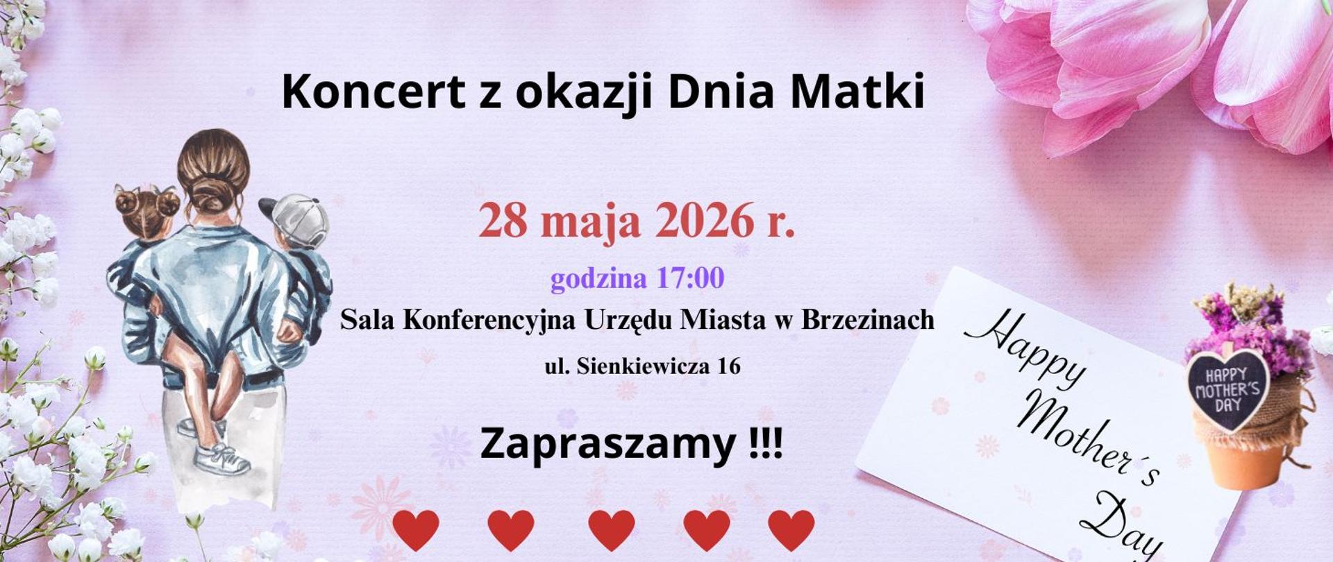 Grafika na fioletowym tle przedstawia informacje dotyczące Koncertu z okazji Dnia Kobiet, który odbędzie się 28 maja 2026 roku w Sali Konferencyjnej Urzędu Miasta w Brzezinach o godz. 17:00. 