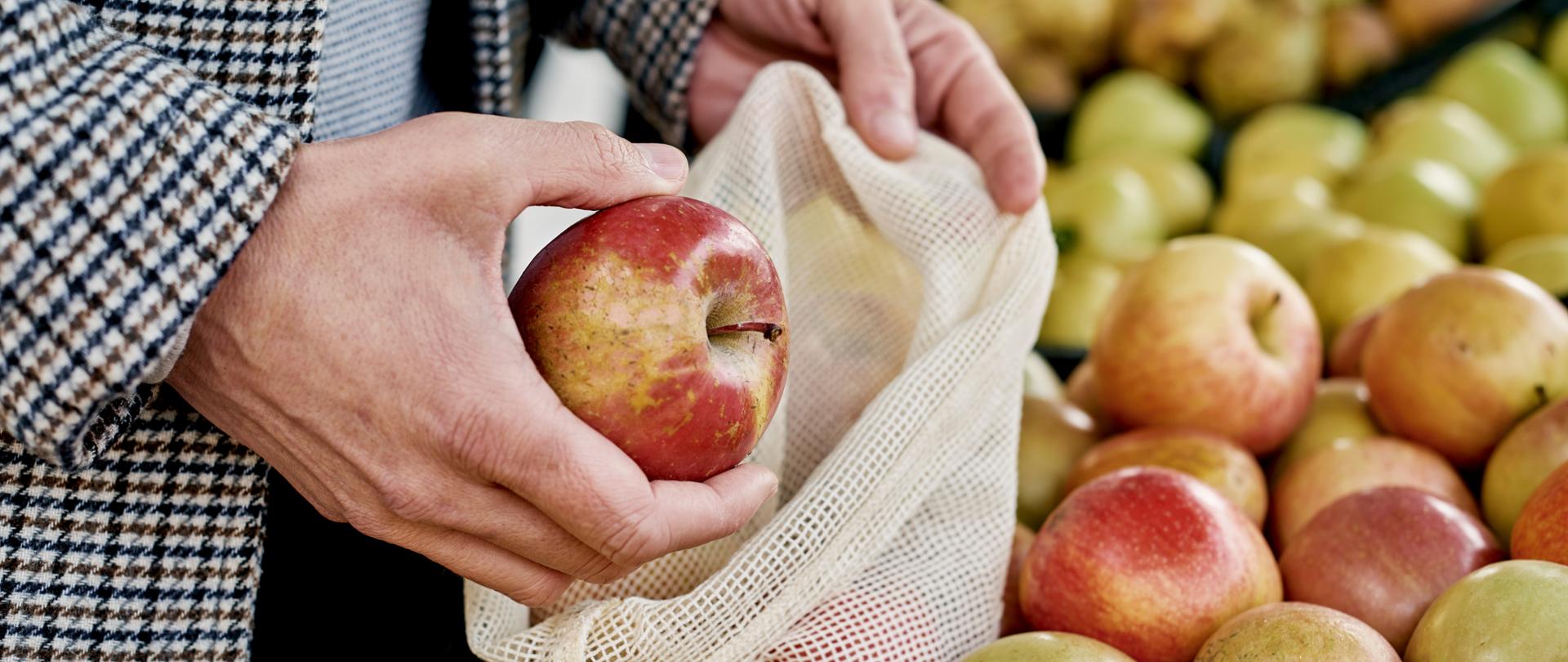 closeup of a man shopping at a greengrocer putting some red apples in a textile reusable mesh bag, as a measure to reduce plastic pollution