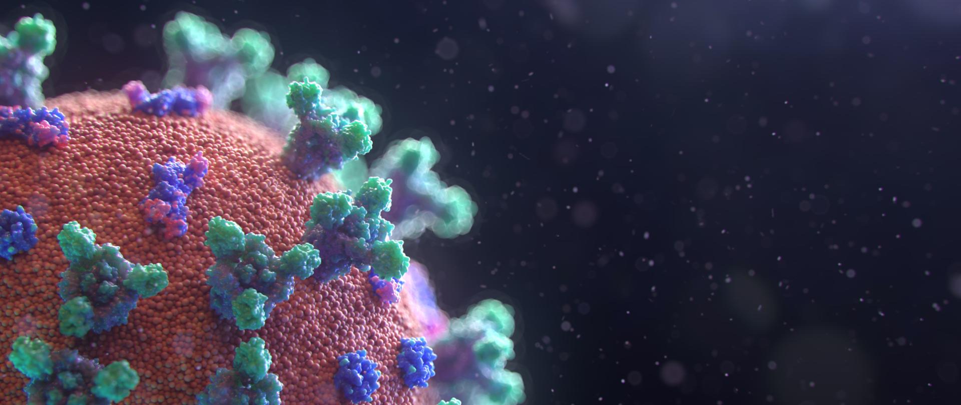 Grafika przedstawiająca wirusa SARS-CoV-2 ilustrująca artykuł zachęcający do e-rejestracji na szczepienie