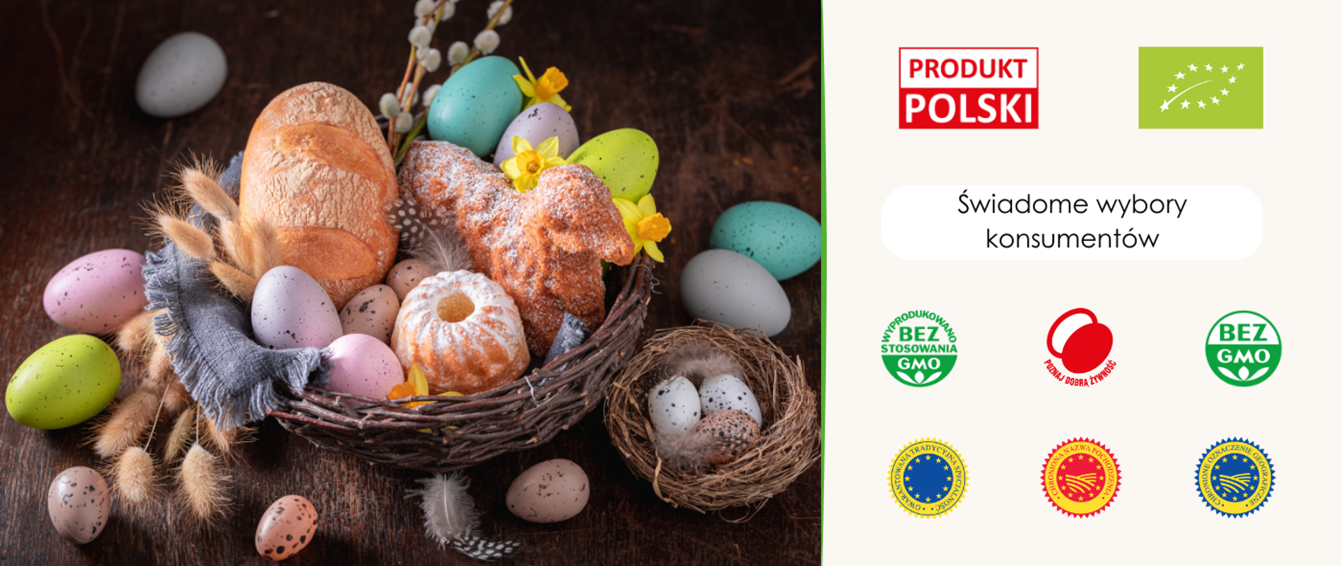 Święconka wielkanocna uosabiająca ducha Świąt oraz logotypy i certyfikaty potwierdzające jakość i świadome decyzje konsumenckie