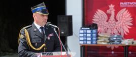 Na zdjęciu widoczny jest Zastępca Świętokrzyskiego Komendanta Wojewódzkiego Państwowej Straży Pożarnej podczas przemowy.