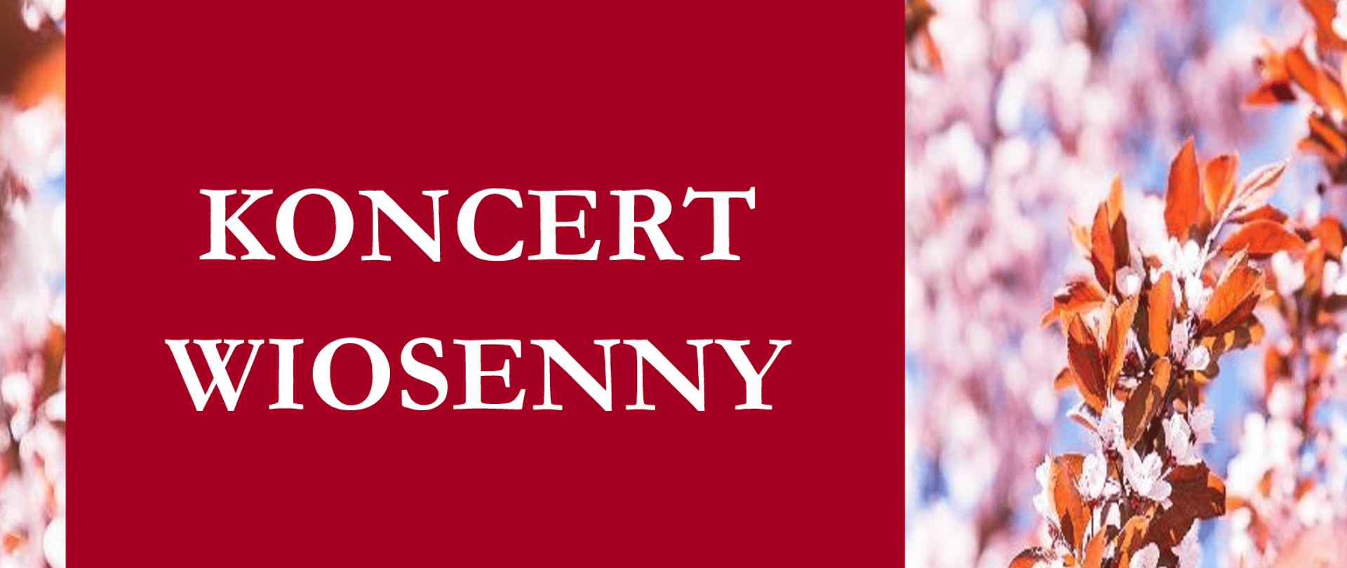 plakat o kolorystyce wiosennej. Po lewej czerwony pas z napisami w kolorze białym. Tło z drzewem kwitnącej wiśni.