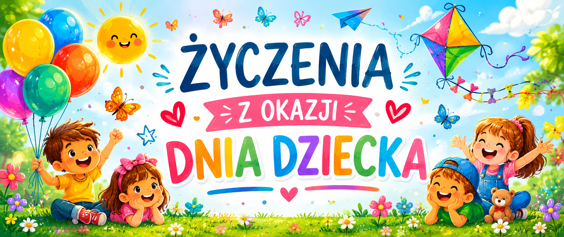 Kolorowa, pozioma grafika z okazji Dnia Dziecka przedstawiająca radosne dzieci bawiące się na łące. Po bokach widoczne są balony, tęcza, chorągiewki i uśmiechnięte słońce. Na środku znajduje się duży, wielobarwny napis „Życzenia z okazji Dnia Dziecka” na jasnym tle przypominającym chmurkę. Całość utrzymana jest w pogodnym, bajkowym stylu z żywymi kolorami i dekoracyjnymi elementami kojarzącymi się z dzieciństwem i zabawą.