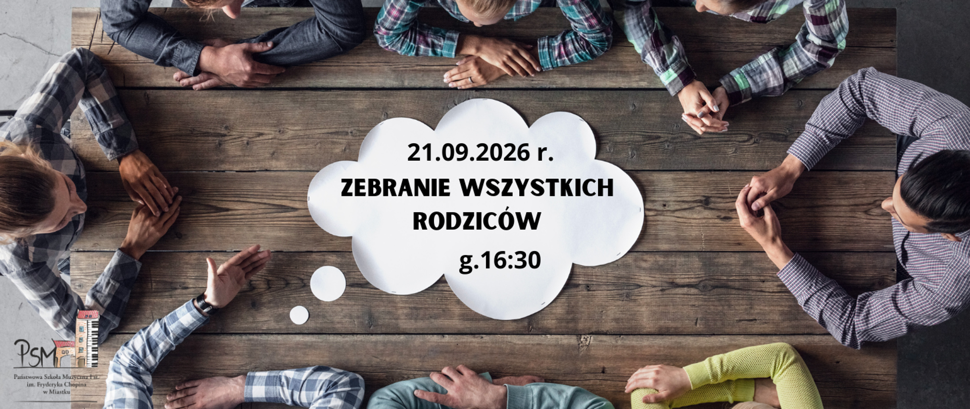 Grafika informująca o zebraniu wszystkich rodziców w dniu 21 września 2026 r. o godzinie 16:30