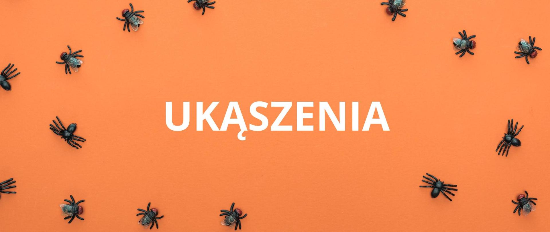 Na zdjęciu jest napis ukąszenia a na około niego widać owady. Tło jest pomarańczowe.