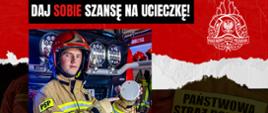 plakat ze strażakiem trzymającym czujkę dymu