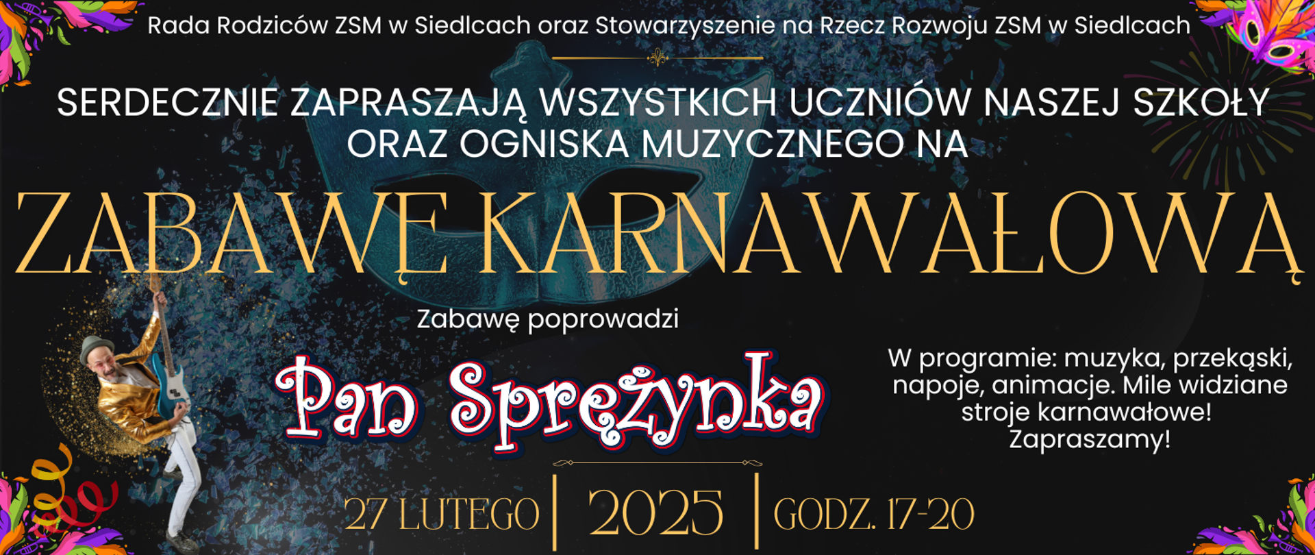 baner z czarnym karnawałowym tłem oraz informacja o wydarzeniu