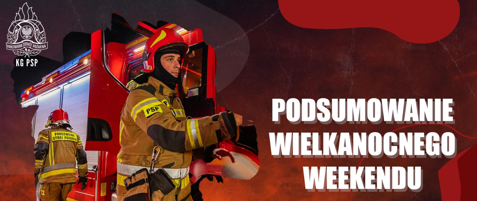 Zdjęcie dwóch strażaków przy samochodzie strażackim, po prawo napis Podsumowanie wielkanocnego weekendu