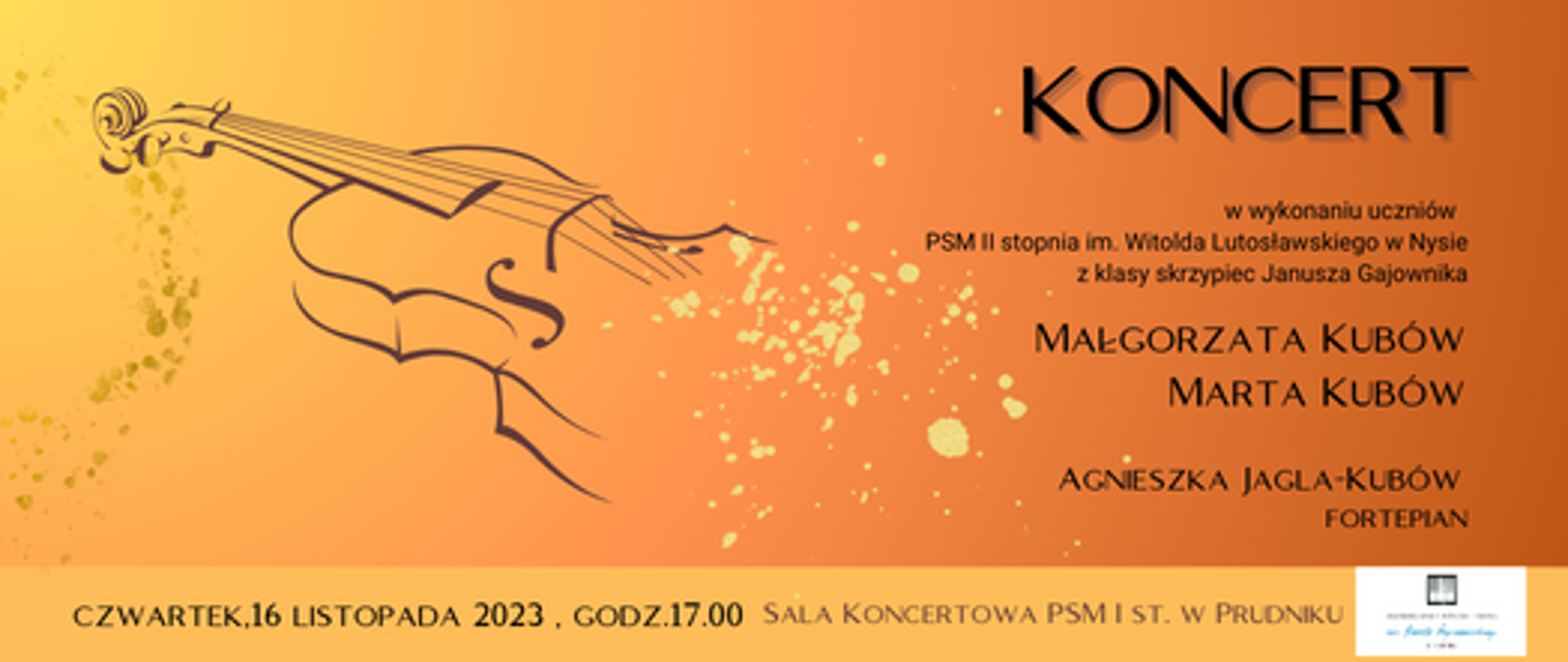 Baner z informacją o koncercie. Po lewej stronie na pomarańczowym tle ikonografia przedstawiająca skrzypce.