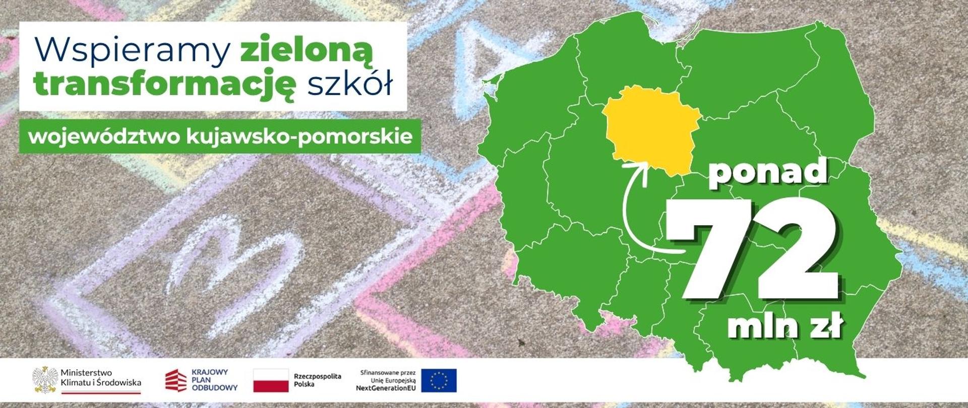 na banerze po lewej stronie widnieje napis: Wspieramy zieloną transformację szkół województwo kujawsko-pomorskie. Po prawej stronie widoczna jest mapa Polski z zaznaczonym na żółto woj. kujawsko-pomorskim i napisem ponad 72 mln zł. 