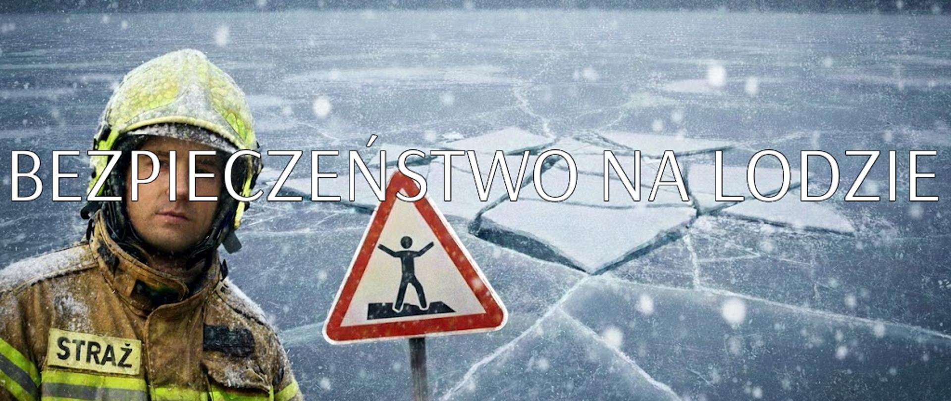 Ostrzeżenie przed wchodzeniem na zamarznięte zbiorniki wodne.
Centralny punkt (Znak): Na środku grafiki znajduje się duży, okrągły znak ostrzegawczy z grubą, czerwoną obwódką. Wewnątrz znaku, na białym tle, widnieje czarny piktogram przedstawiający postać człowieka wpadającego do wody przez pękający lód.
Tło i sceneria: Tło stanowi rozległa, błękitno-biała tafla lodu pokrywająca jezioro lub rzekę. Lód jest wyraźnie spękany, z widocznymi szczelinami rozchodzącymi się od środka kompozycji, co sugeruje jego niestabilność i kruchość. W oddali widać zamglony, zimowy krajobraz z zarysem lasu.
Stylistyka: Grafika utrzymana w chłodnej, zimowej kolorystyce (błękity, biele, szarości). Styl jest minimalistyczny i czytelny, typowy dla materiałów informacyjno-prewencyjnych. Wyraźny kontrast między zimnym tłem a czerwienią znaku przyciąga uwagę do głównego ostrzeżenia.