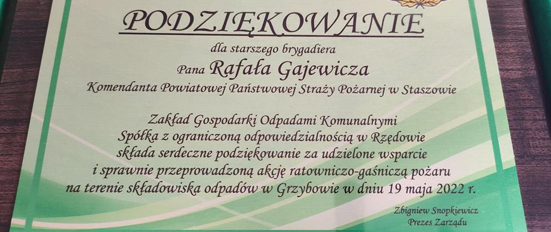 Podziękowania za akcję dla Komendanta Powiatowego PSP w Staszowie 