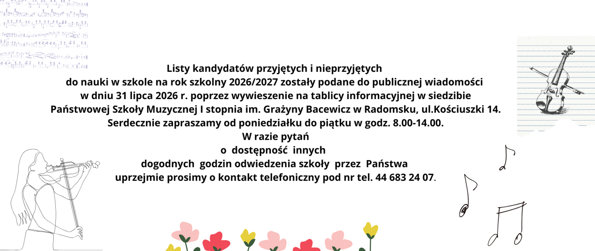 Na białym tle znajdują się napisy informacyjne w kolorze czarnym, grafiki ósemek w kolorze czarnym, grafika dziewczynki grającej na skrzypcach w kolorze grafitowym, grafika wilonczeli w kolorze szarym na pasiastym tle również w kolorze szarym, grafika kwiatów na dole plakatu w kolorach zielonym, limonkowym, jasnoróżowym i ciemnoróżowym oraz grafika partytury w górnym lewym rogu w kolorze jasnogranatowym.
