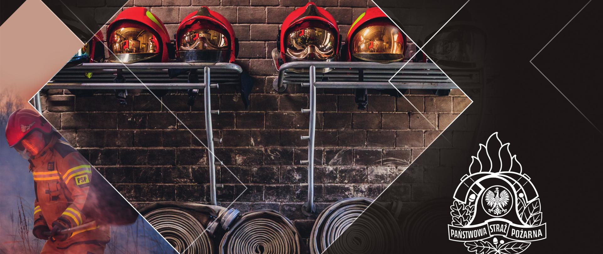 kalendarz plakatowy w kolorze czarnym, na górze widoczny strażak i ogień oraz hełmy strażackie na półce