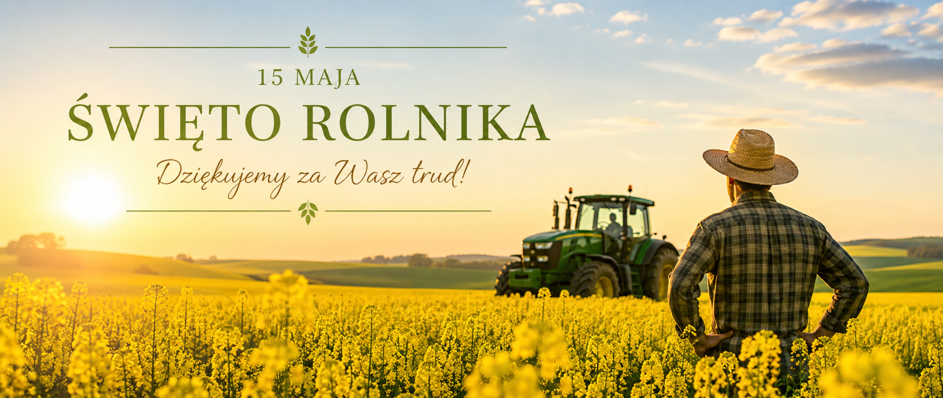 Grafika przedstawia spokojny, słoneczny krajobraz wiejski. Na pierwszym planie rozciąga się żółte pole kwitnącego rzepaku. Po prawej stronie stoi rolnik w kapeluszu, odwrócony tyłem, patrzący w stronę zielonego traktora stojącego na polu. W tle widać łagodne pagórki i jasne niebo z delikatnymi chmurami. Całość utrzymana jest w ciepłych, pogodnych kolorach i ma prosty, przestronny charakter.