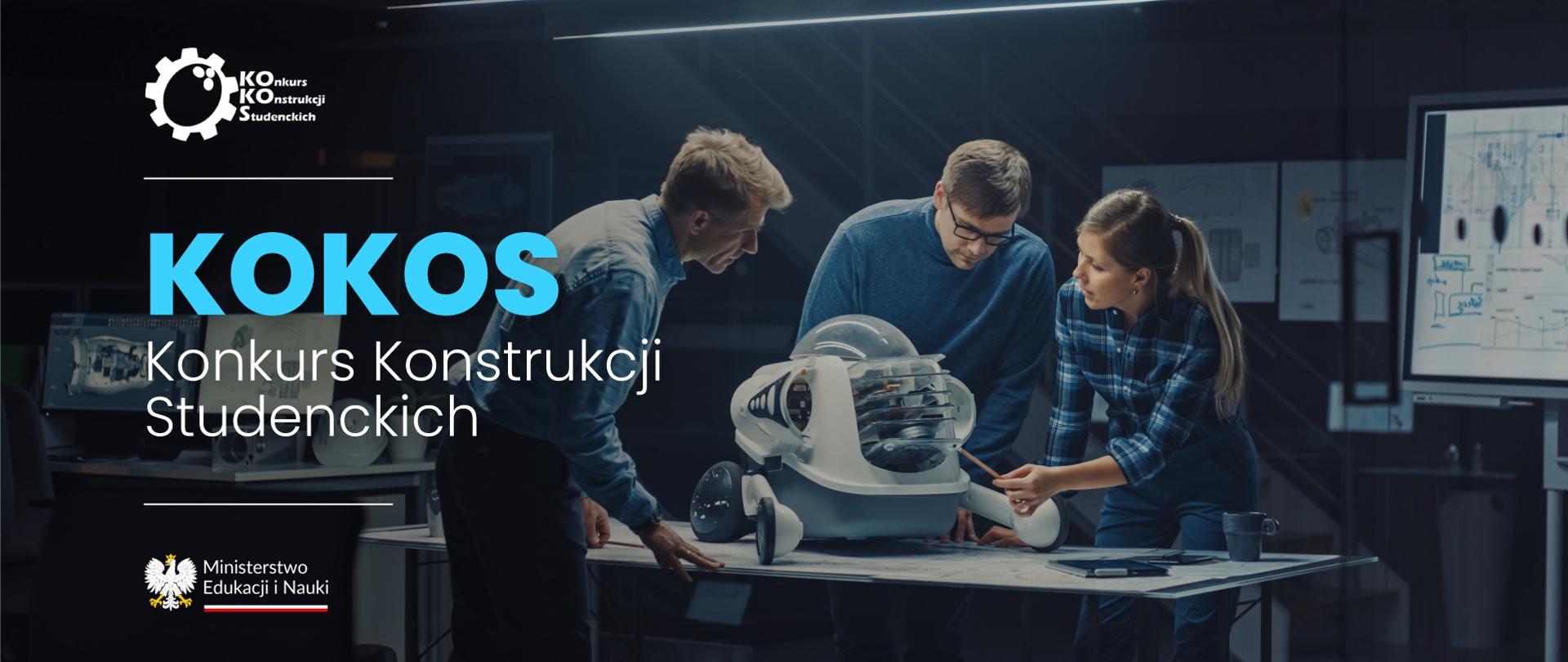 Grafika - kilkoro młodych ludzi przy kołowym robocie na stole i napis KOKOS - Konkurs Konstrukcji Studenckich.