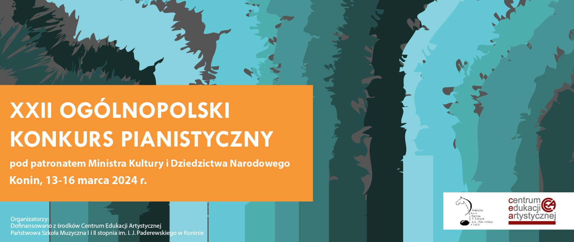 Plakat konkursu, na zielonym tle pomarańczowe pole z nazwą konkursu