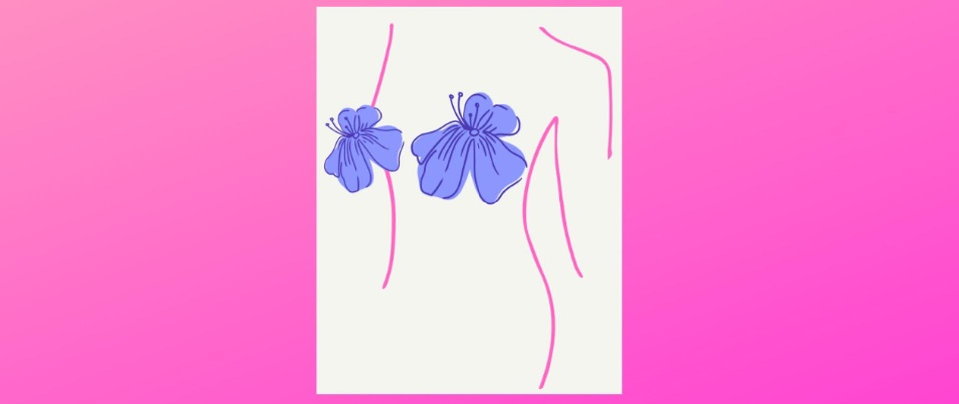 Grafika przedstawia kontury kobiety, która w miejscu piersi ma kwiaty
