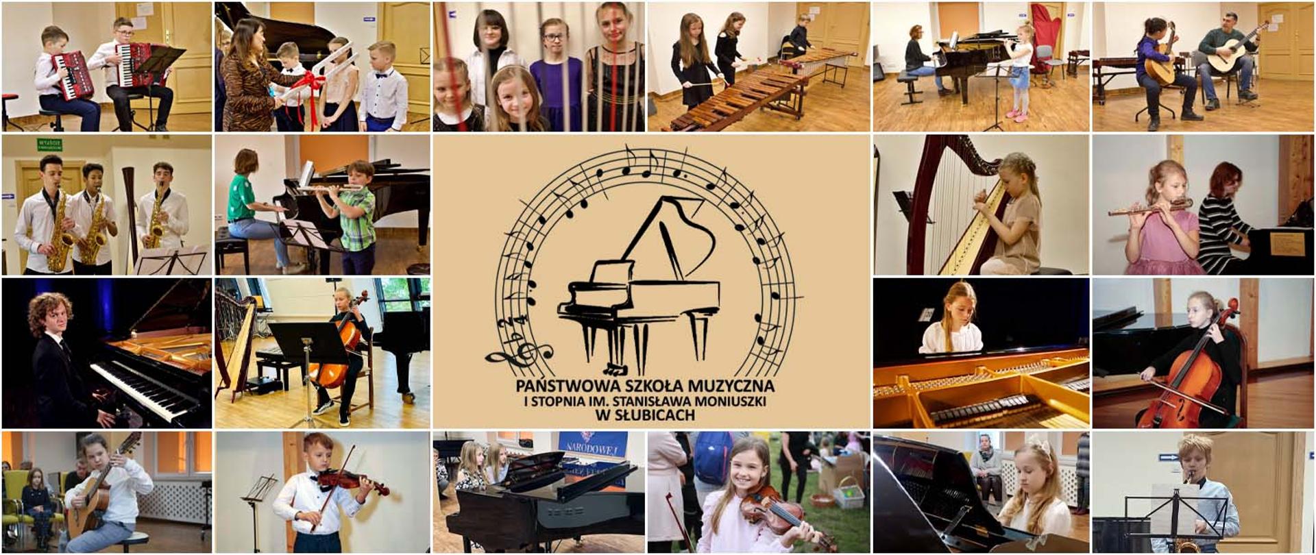Collage przedstawiający 20 zdjęć dzieci grających na różnych instrumentach muzycznych, w środkowym oknie na jasnobrązowym tle logo szkoły.