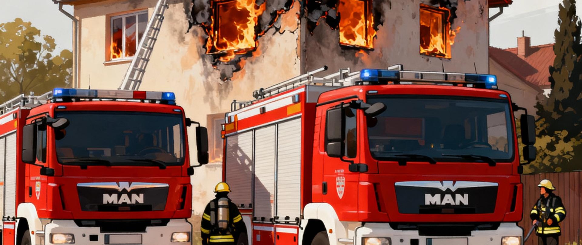 Pożar domu i poddasza. przed palącym się budynkiem stoją dwa czerwone wozy strażackie oraz 2 strażaków pracujących i starających się ugasić płonący budynek.