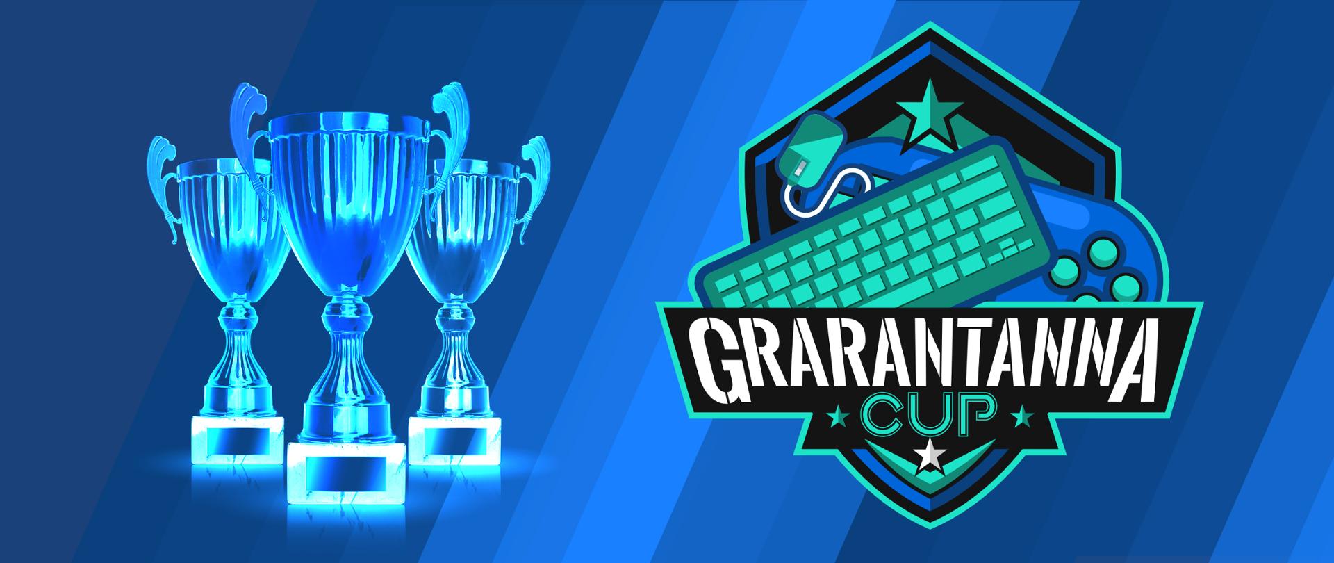 Grafika. Po lewej stronie trzy srebrne puchary. Po prawej klawiatura, myszka i pad do gier oraz napis: Grarantanna cup.