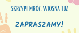 na żółtym pastelowym tle, niebieskie napisy, wokół pastelowe pomarańczowe, żółte i różowe odciski fragmentów dłoni