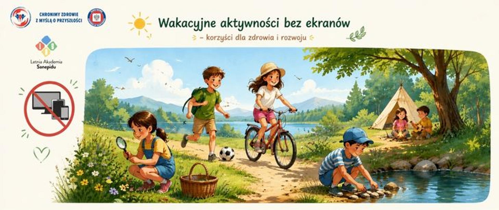 Ilustracja promująca wakacyjne aktywności bez ekranów. Dzieci spędzają czas na świeżym powietrzu: jeżdżą na rowerze, grają w piłkę, obserwują przyrodę przez lupę, bawią się nad strumieniem i siedzą przy namiocie. Po lewej widnieje symbol przekreślonych urządzeń elektronicznych. U góry umieszczono napis: „Wakacyjne aktywności bez ekranów – korzyści dla zdrowia i rozwoju” oraz logo Letniej Akademii Sanepidu. Powyżej logo Państwowej Inspekcji Sanitarnej wraz z hasłem: Chronimy zdrowie z myślą o przyszłości.