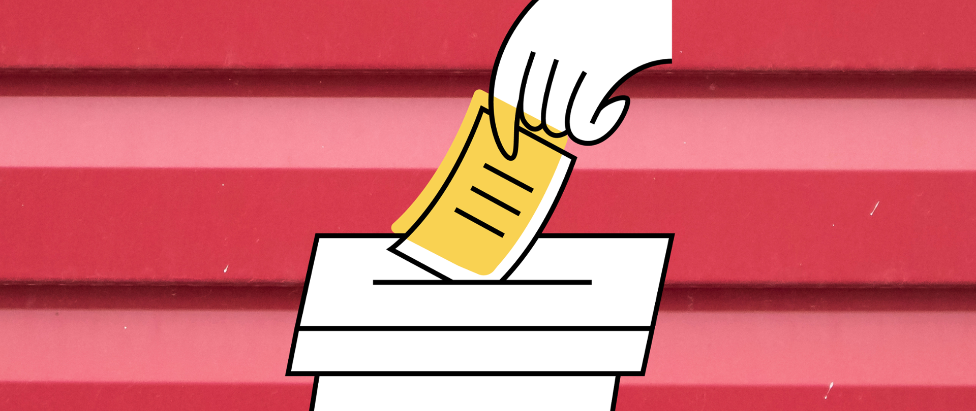 Plakat informujący o wyborach do Samorządu Wychowanków: tło imitujące czerwoną blachę, białe napisy informujące o dacie, godzinie i miejscu głosowania, grafika przedstawiająca białą dłoń wrzucającą biało-żółtą kartę do białej urny.