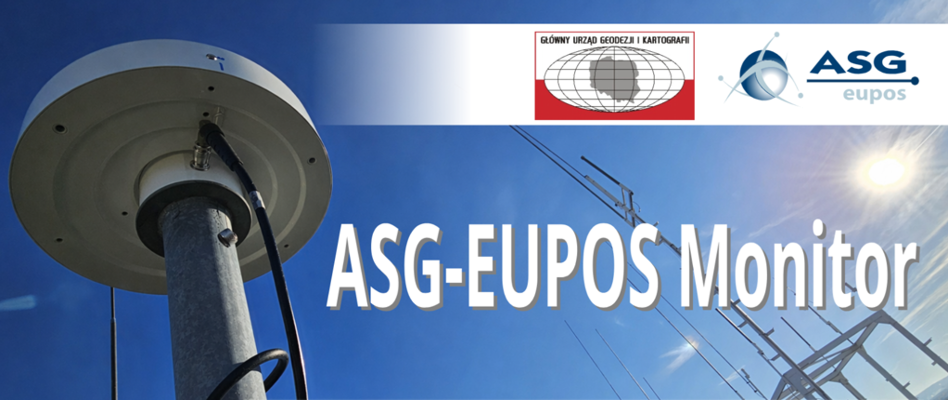 Grafika prezentująca nazwę aplikacji na tle anteny GNSS systemu ASG-EUPOS