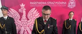 Komendant Powiatowy Państwowej Straży Pożarnej w Lwówku Ślaskim przemawiający podczas uroczystości.