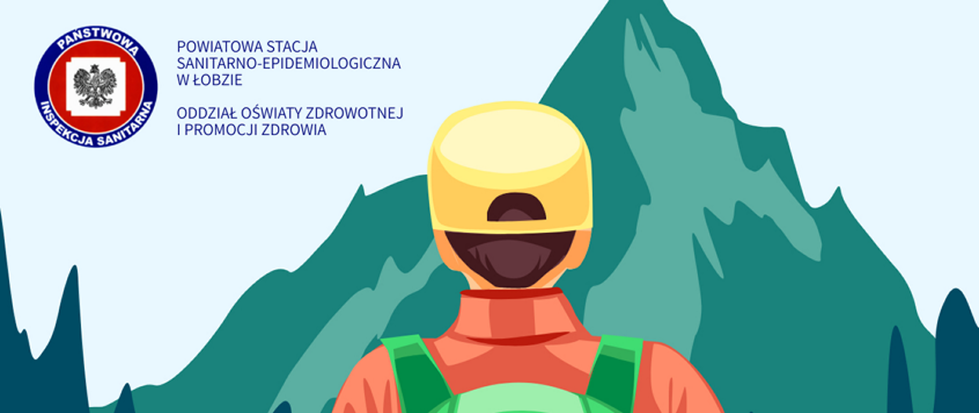 Na grafice znajdują się góry przed którymi widoczny jest chłopiec, patrzący w ich kierunku. Na górze po lewej stronie znajduje się logo Państwowej Inspekcji Sanitarnej obok którego widnieje napis: Powiatowa Stacja Sanitarno - Epidemiologiczna w Łobzie, Oddział Oświaty Zdrowotnej i Promocji Zdrowia.