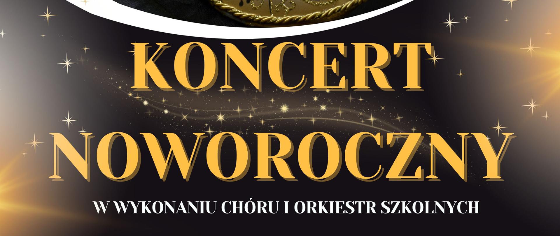 Grafika przedstawia afisz koncertu noworocznego, u góry logo i nazwa szkoły, całość na ciemnym tle, z dwiema maskami noworocznymi, jasną i ciemną ze złotymi elementami w centralnym punkcie, pośrodku żółty tekst: Koncert Noworoczny 7 lutego o godzinie 17.00, sala auli Uniwersytetu Zielonogórskiego, ul. Podgórna 50
