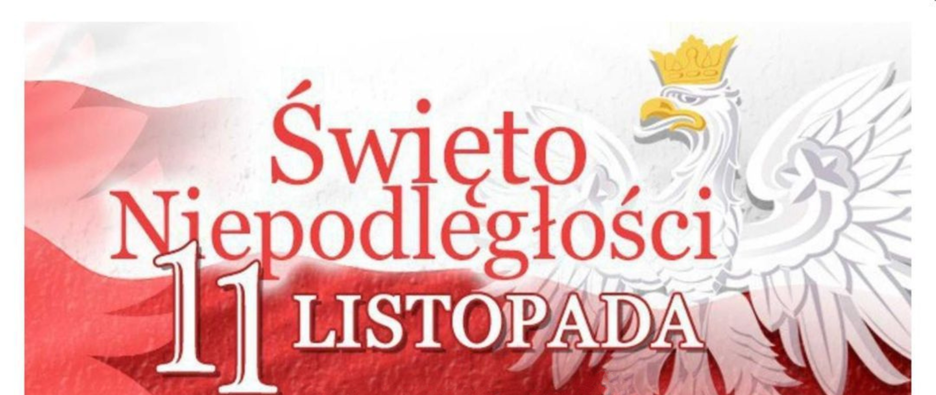 W tle biało czerwona flaga na niej biały orzeł w złotej koronie i napis Święto Niepodległości 11 listopada. Poniżej tekst Starosta Tomaszowski Mariusz Węgrzynowski i Dowódca 25 Brygady Kawalerii Powietrznej gen. dr inż. Mariusz Pawluk zapraszają na uroczystość patriotyczno-religijną z okazji 104 rocznicy odzyskania niepodległości która odbędzie się w dniu 11 listopada 2022 roku. 9.30 Msza Święta - Kościół Najświętszej Marii Panny Królowej Polski il. Słowackiego 13/19, 11.00 Uroczystości na Placu Kościuszki, 12.15 Uroczystości przy Pomniku Legionistów Piłsudskiego. Poniżej umieszczone zostały herb powiatu tomaszowskiego, oraz logo 25 Brygady Kawalerii Powietrznej, Policji, Straży Miejskiej oraz Państwowej Straży Pożarnej 