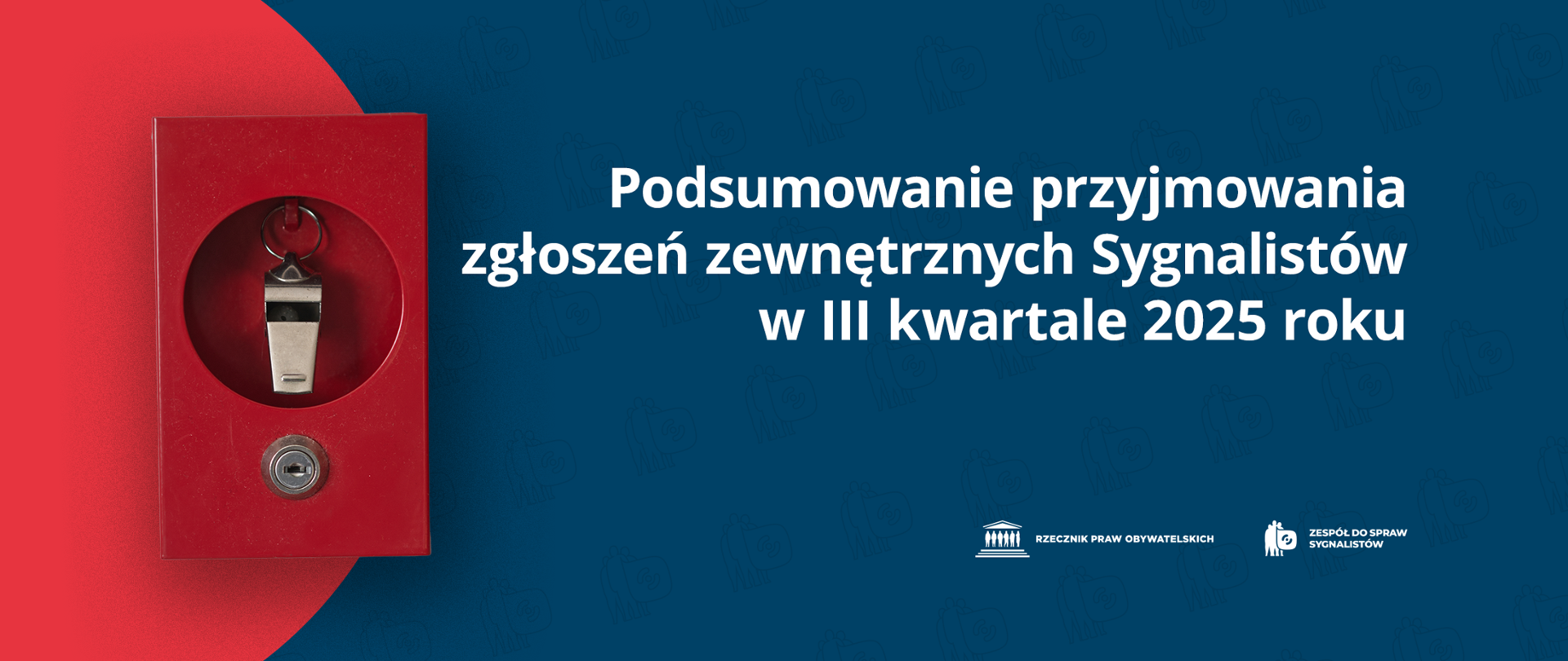 Plansza z tekstem "Podsumowanie przyjmowania zgłoszeń zewnętrznych Sygnalistów w III kwartale 2025 roku" i ilustracją przedstawiającą gwizdek