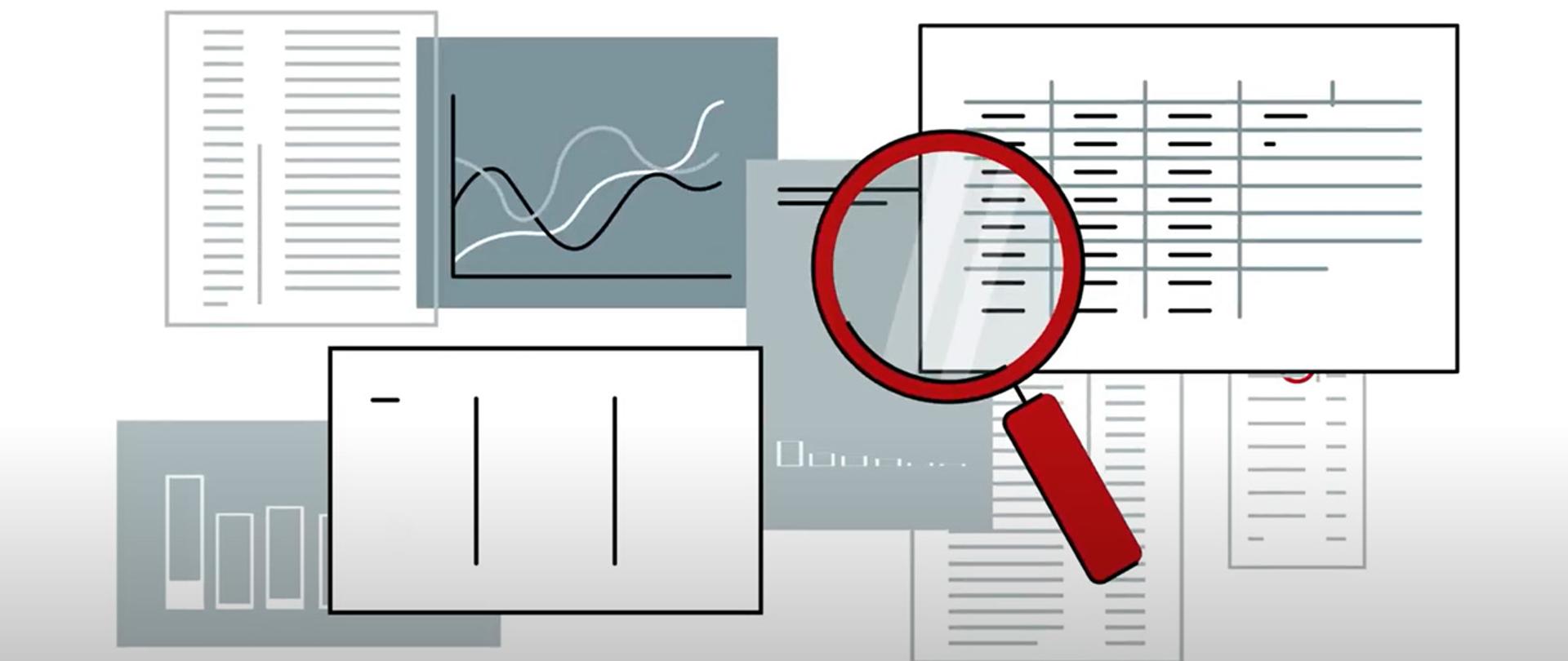 Grafika z dokumentami, wykresami i lupą.