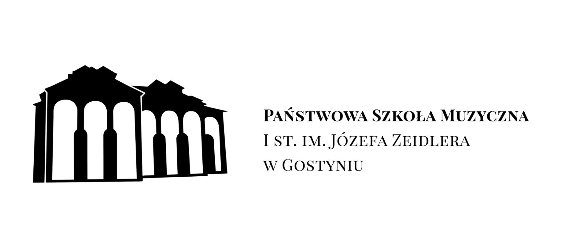 Logotyp przedstawia budynek szkoły, w którym ściany i okna imitują klawiaturę fortepianu. Po prawej stronie widnieje pełna nazwa szkoły. Logo jest w kolorze czarnym na białym tle