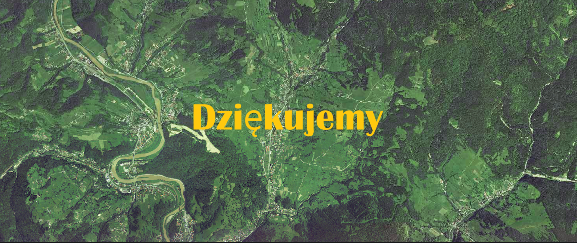 Baner z mapą w kolorze zielonym i ciemnożółtym napisem "Dziękujemy"