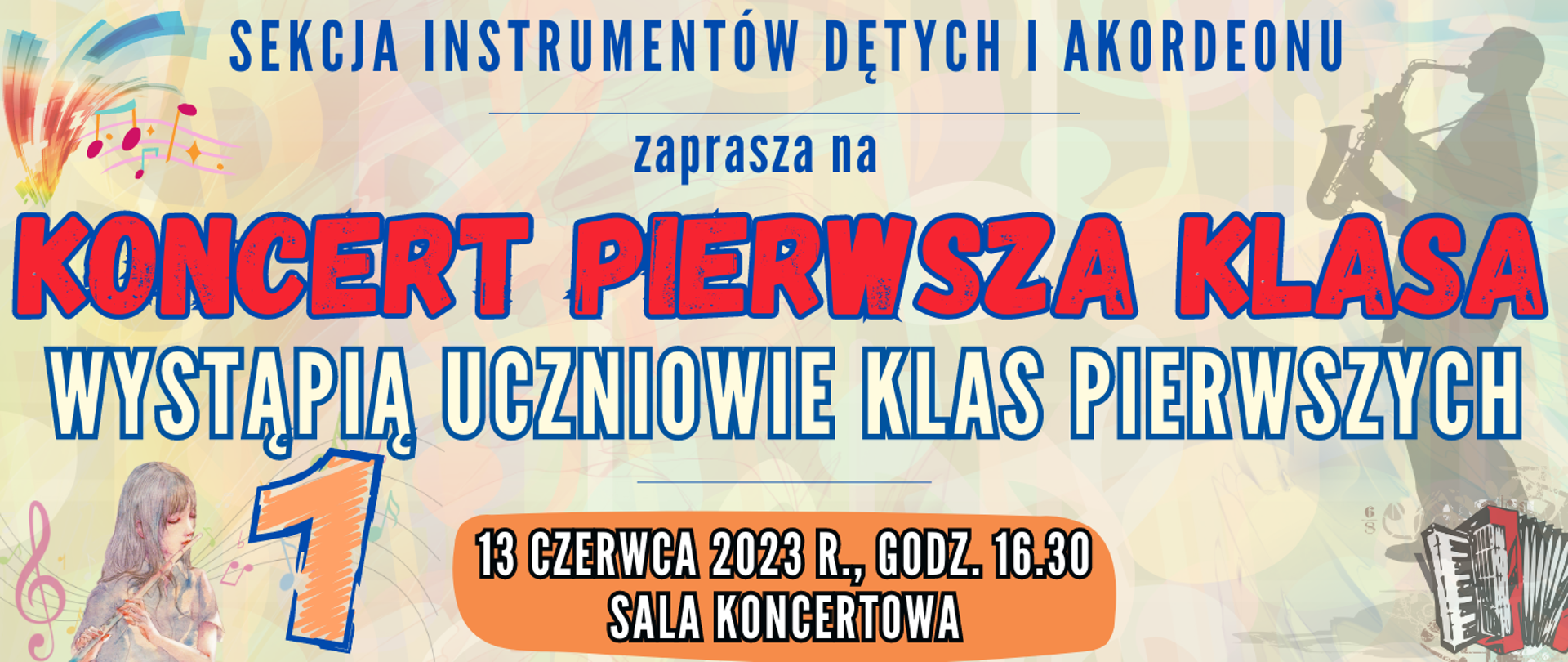 kolorowe tło w elementami muzycznymi typu clip art z informacją o wydarzeniu 