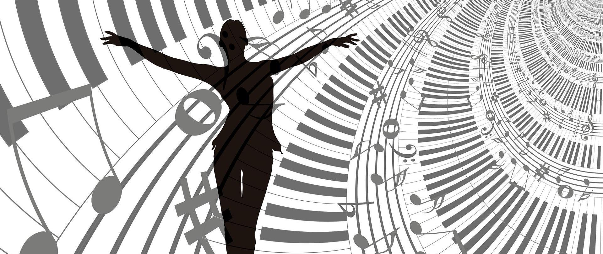 na całej stronie grafika przedstawiająca klawiaturę fortepianu i luźne nuty, na tyn tle grafika tańczącej postaci