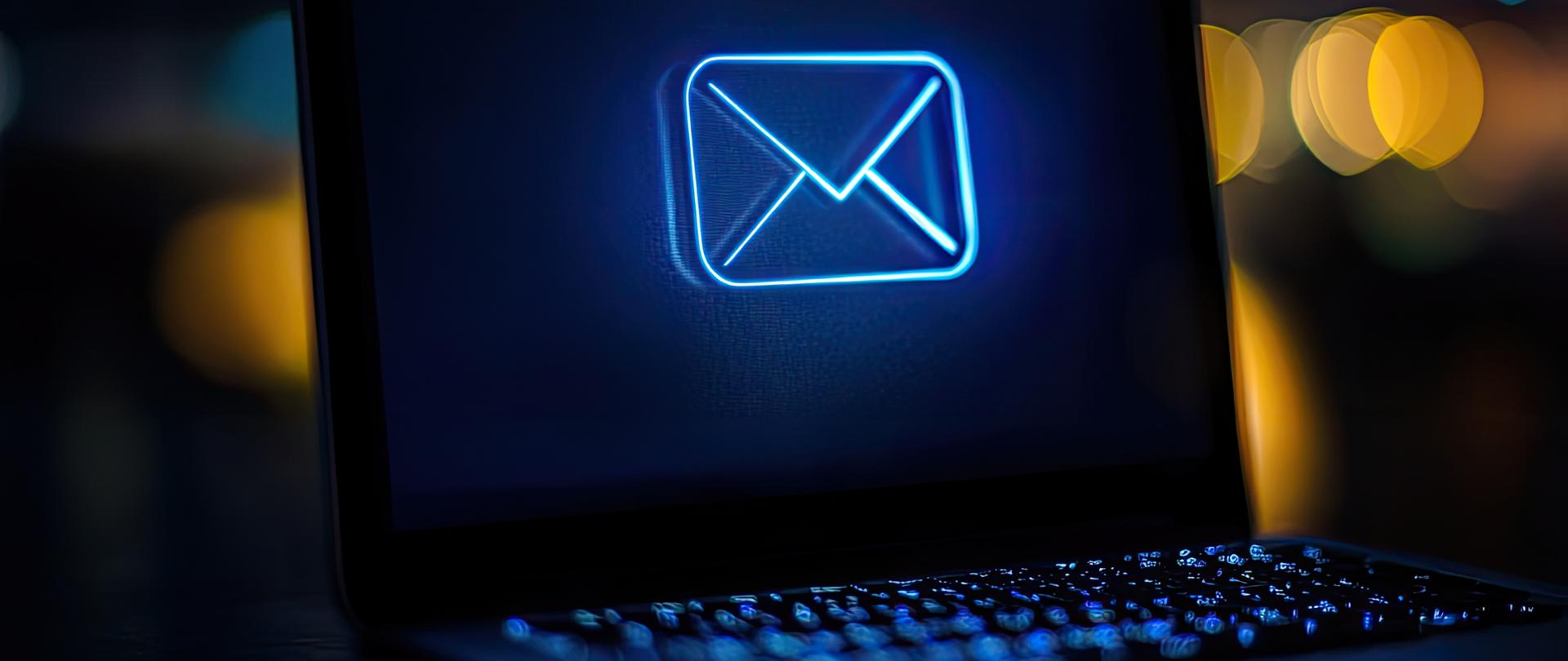 Zbliżenie ikony wiadomości e-mail na ekranie z rozmytym tłem przedstawiającym laptopa w ciemnym oświetleniu i odcieniach niebieskiego.