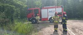 Na pierwszym planie samochód gaśniczy z rozwiniętą linią wężową i 3 strażakami. W tle las i zarośla.