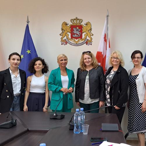 Zdjęcie grupowe na tle flag Gruzji i Unii Europejskiej