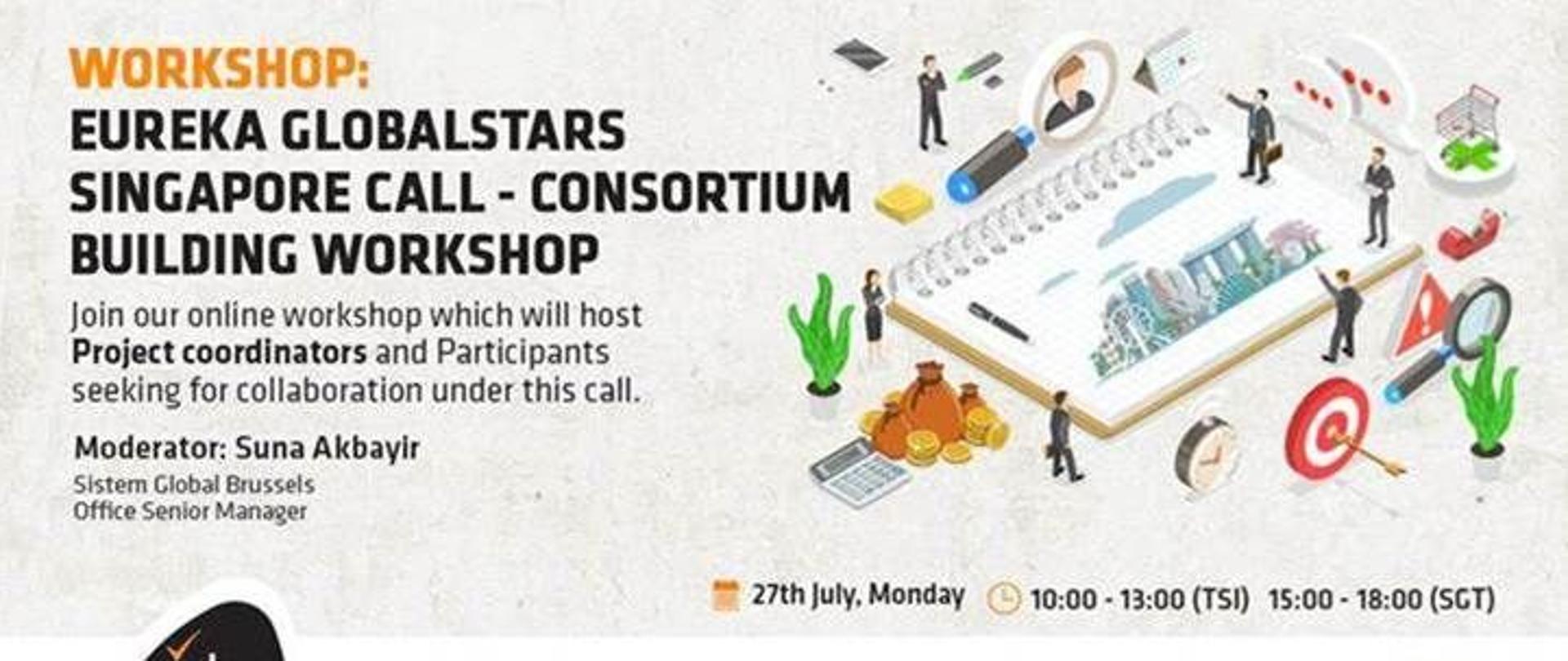 na szarym polu napis Join us for our online workshop on 27th July!
In collaboration with IPI Singapore and Enterprise Singapore, Sistem Global’s Brussels Office is organizing the EUREKA GLOBALSTARS SINGAPORE Call for Consortium Building Online Workshop on 27th of July, between 15:00-18:00 SGT ( 10.00-13.00. Turkish Time) (GMT +3)
We will host;